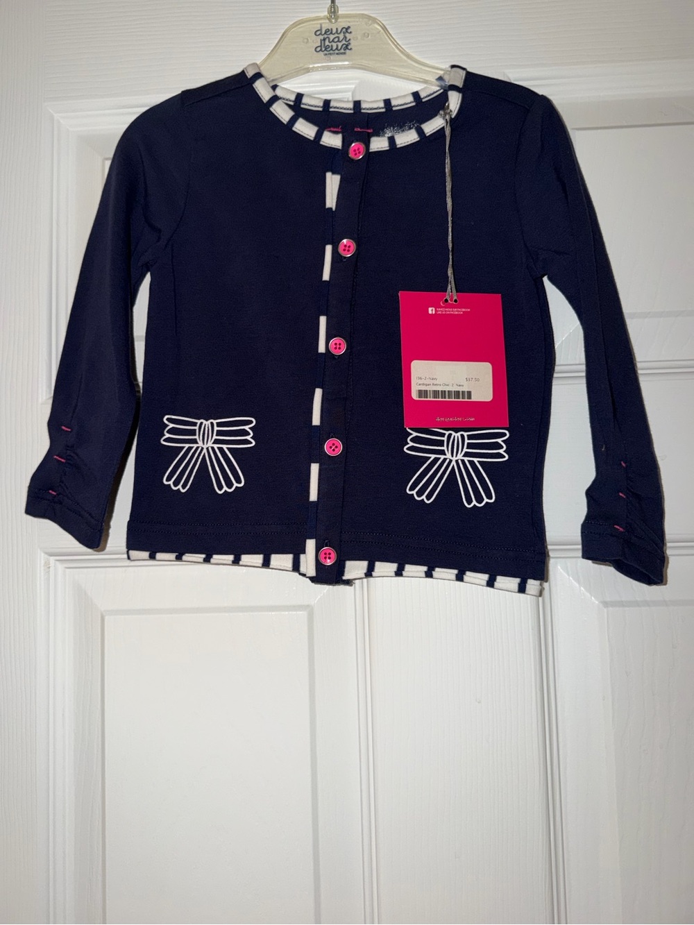 deux par deux Navy Cardigan with Pink Buttons and White Bow Accents